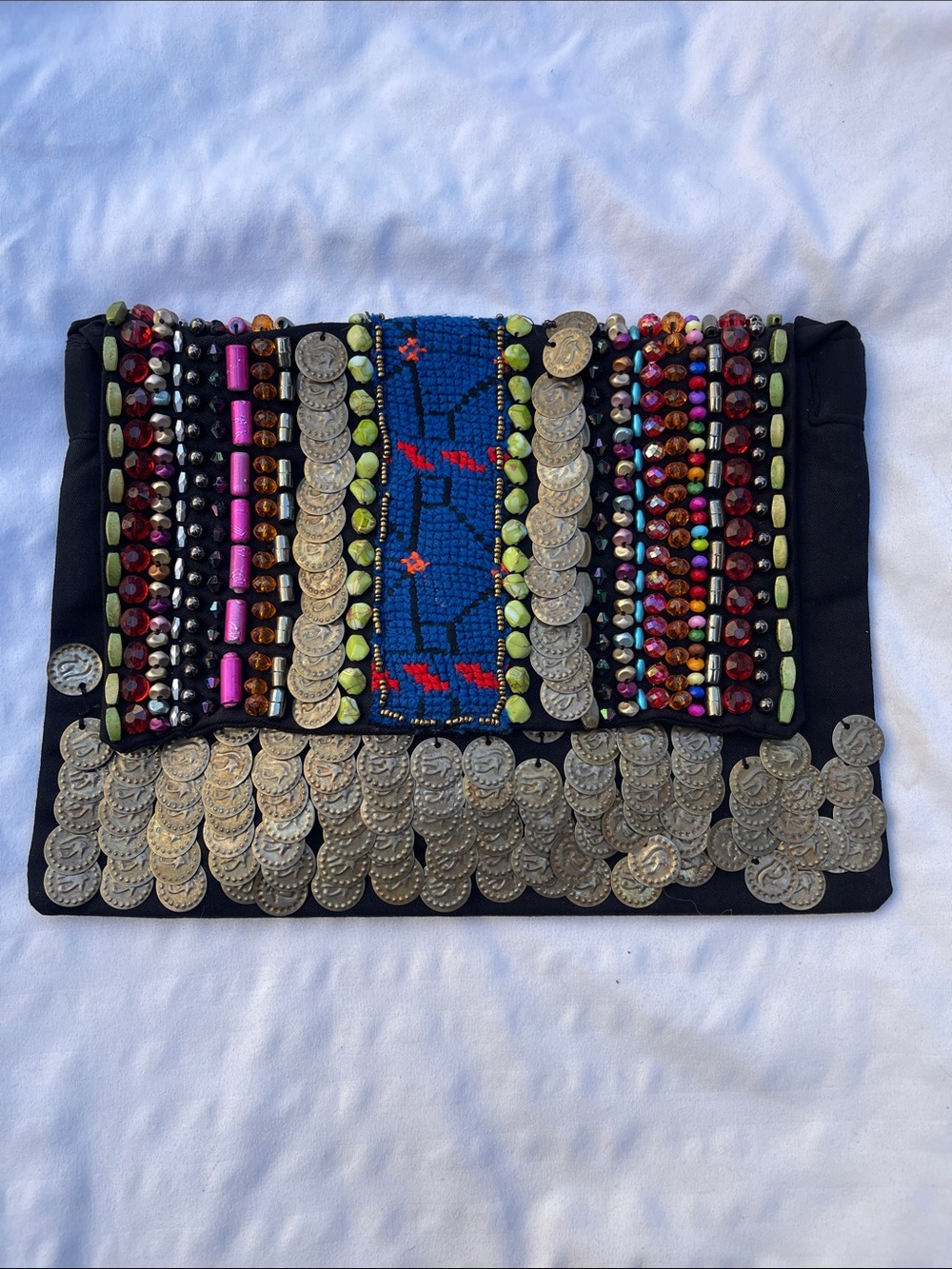 Embellished Coin & Bead Clutch/Shoulder Bag- Black with Embroidery, Beading